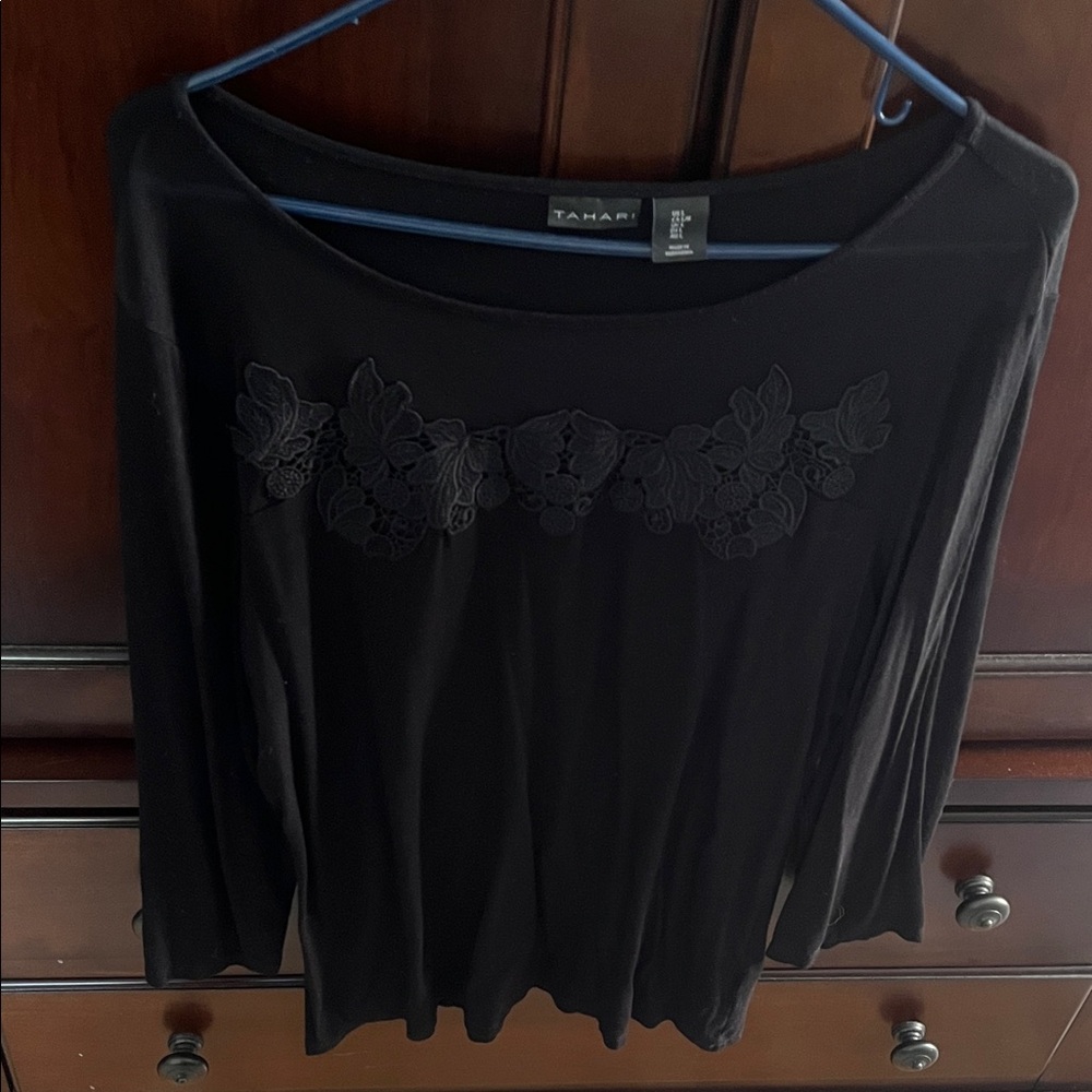 T Tahari Black Blouse with Floral Embroidery